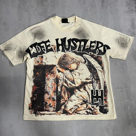 Men's LIFE HUSTLERS Y2K hot stamping hole T-shirt Streetwear 100% Cotton Loose Fit