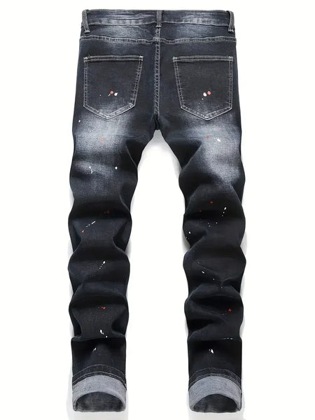 Men Stretchy Denim jeans Ripped Skinny Letter Print Slightly Distressed Slim Fit Denim Hip Hop Trousers