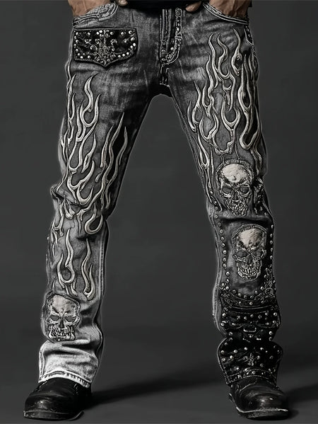 Men's Vintage Washed Straight Leg Denim Jeans, Skull Flame Graphic Print Rivet Studded Design, Loose Fit