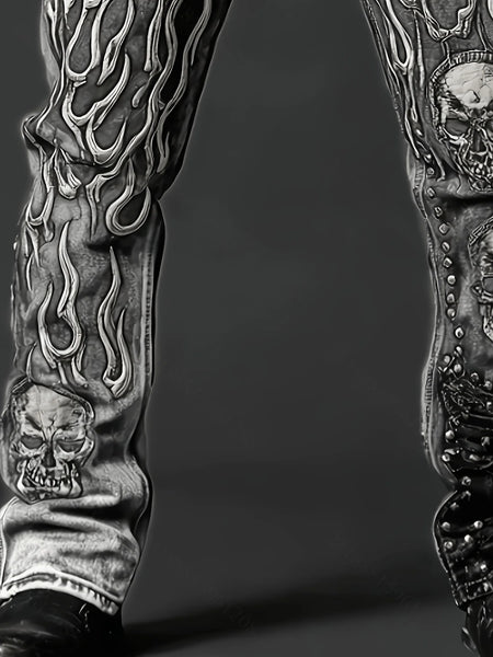 Men's Vintage Washed Straight Leg Denim Jeans, Skull Flame Graphic Print Rivet Studded Design, Loose Fit