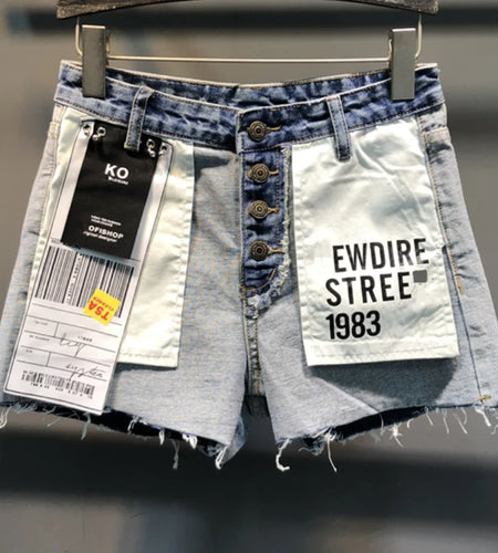 Denim shorts personality women summer hit color patch loose wide leg jeans shorts