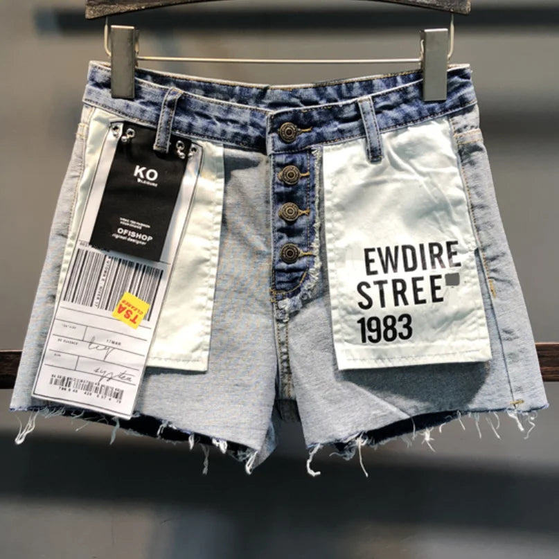 Denim shorts personality women summer hit color patch loose wide leg jeans shorts
