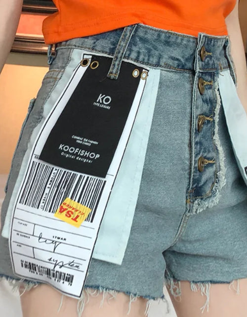 Load image into Gallery viewer, Denim shorts personality women summer hit color patch loose wide leg jeans shorts
