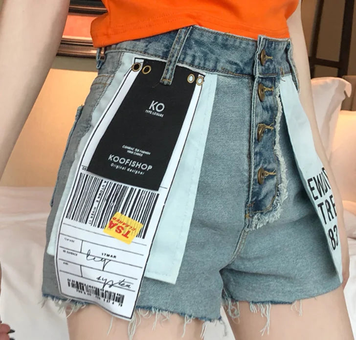 Denim shorts personality women summer hit color patch loose wide leg jeans shorts