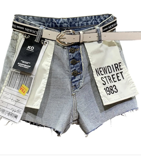 Denim shorts personality women summer hit color patch loose wide leg jeans shorts