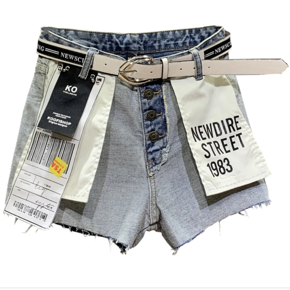 Denim shorts personality women summer hit color patch loose wide leg jeans shorts