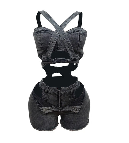 Women's Sexy Denim Halter Neck Crop Tops and Ripped Out Shorts Jeans