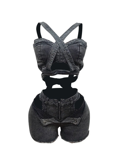 Load image into Gallery viewer, Women's Sexy Denim Halter Neck Crop Tops and Ripped Out Shorts Jeans
