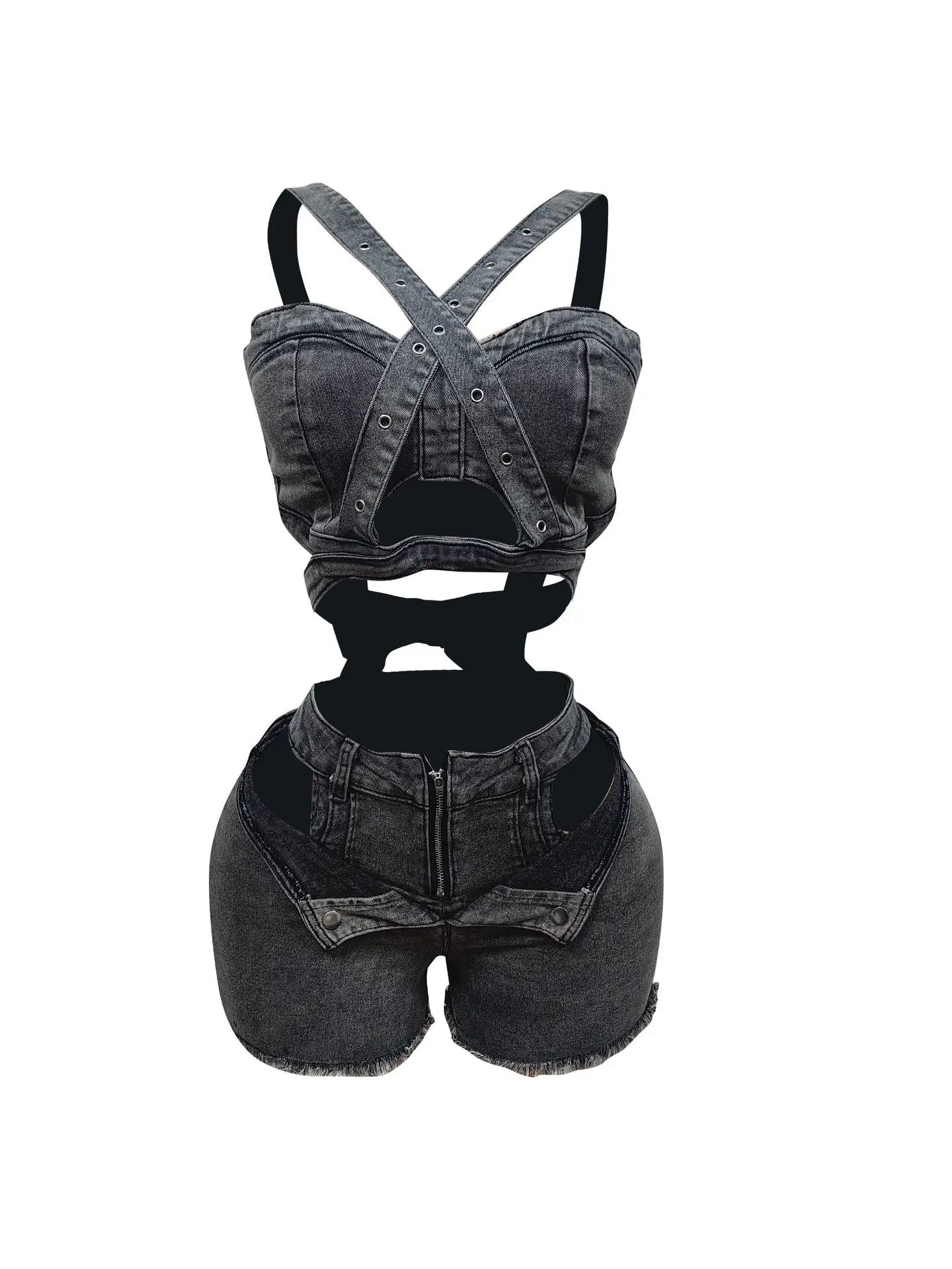 Women's Sexy Denim Halter Neck Crop Tops and Ripped Out Shorts Jeans