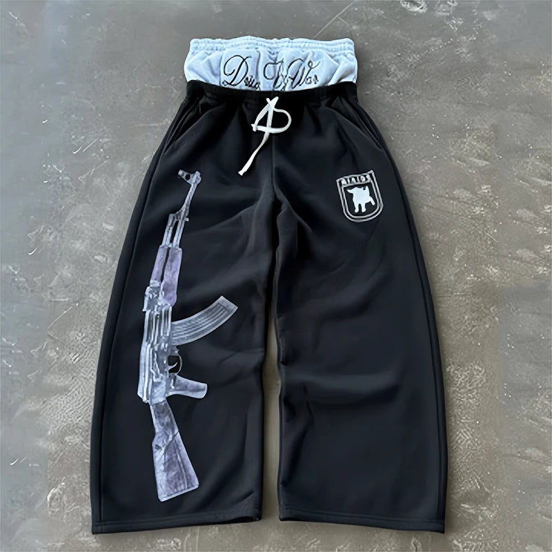 Y2K High-Waisted Printed Embroidered Street Guard Sweat Pants Straight Leg Double Waist Design Fashionable