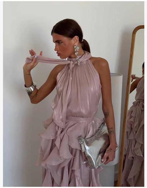 Load image into Gallery viewer, Women's Sleeveless Halter Neck Ruffle Maxi Dress Elegant Chiffon Tiered Waist Cinching Ankle-Length Solid Color Party Dress
