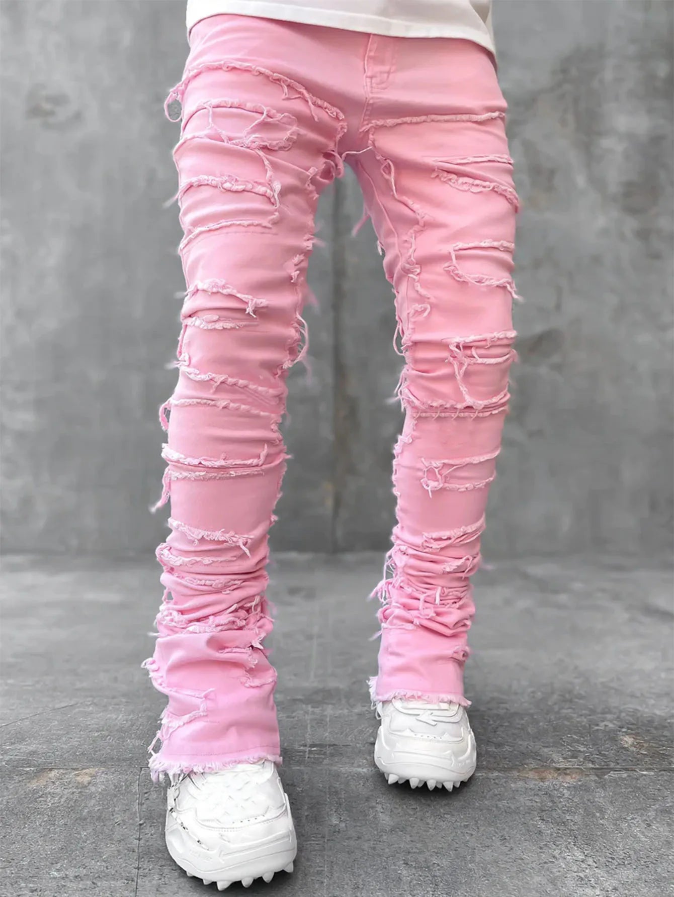 Men's Regular Fit Stacked Jeans Ripped Slim Fit Distressed Destroyed Straight Denim Pants Hip Hop Streetwear