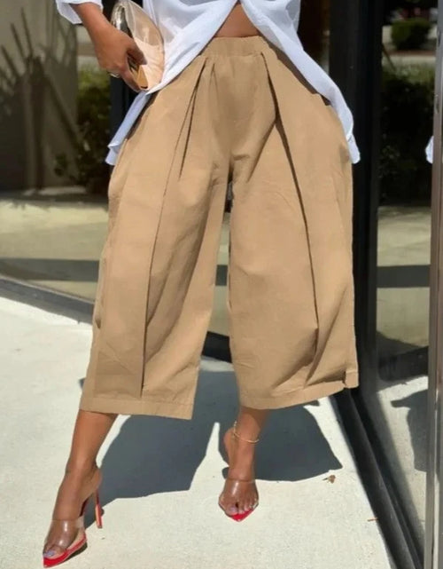Load image into Gallery viewer, Women's Capri Trousers Pockets pleated Wide Leg Casual Vintage Loose High Waist Leisure Calf-length Pants
