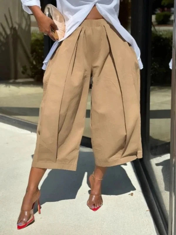 Women's Capri Trousers Pockets pleated Wide Leg Casual Vintage Loose High Waist Leisure Calf-length Pants
