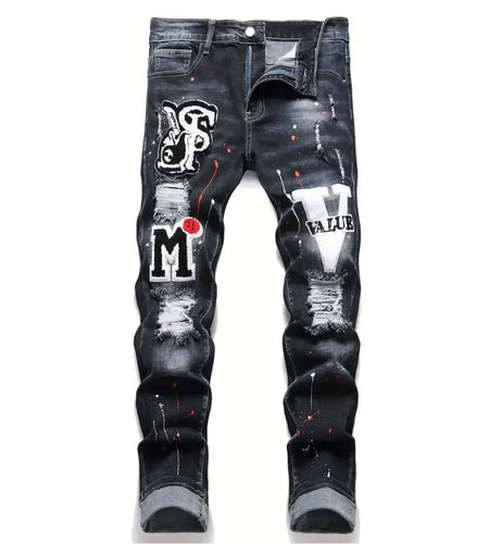Men Stretchy Denim jeans Ripped Skinny Letter Print Slightly Distressed Slim Fit Denim Hip Hop Trousers