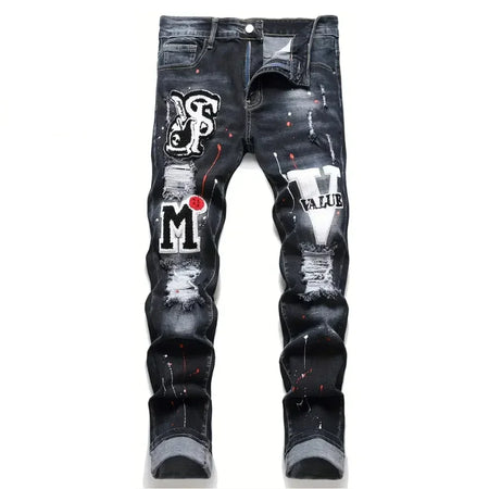 Men Stretchy Denim jeans Ripped Skinny Letter Print Slightly Distressed Slim Fit Denim Hip Hop Trousers
