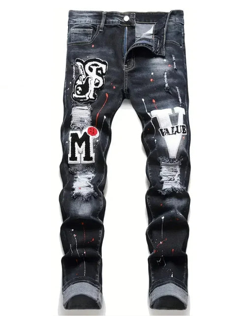 Load image into Gallery viewer, Men Stretchy Denim jeans Ripped Skinny Letter Print Slightly Distressed Slim Fit Denim Hip Hop Trousers
