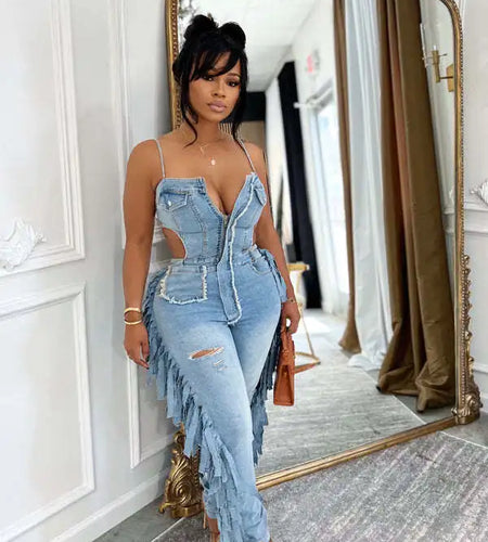 Women's Hollow Out Tassel Jeans Jumpsuit with Spaghetti Strap