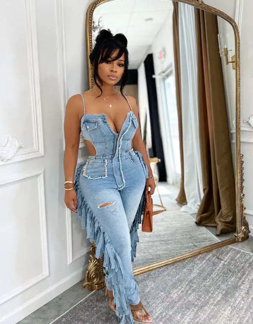 Load image into Gallery viewer, Women's Hollow Out Tassel Jeans Jumpsuit with Spaghetti Strap
