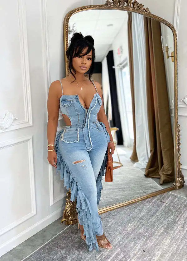 Women's Hollow Out Tassel Jeans Jumpsuit with Spaghetti Strap
