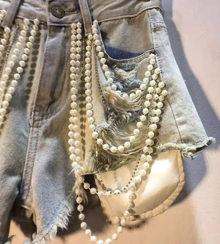 Trendy Women's  Pearl Chain Denim Shorts 2026 Summer High Waist A-line