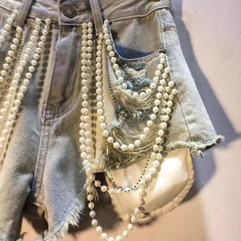 Trendy Women's  Pearl Chain Denim Shorts 2026 Summer High Waist A-line