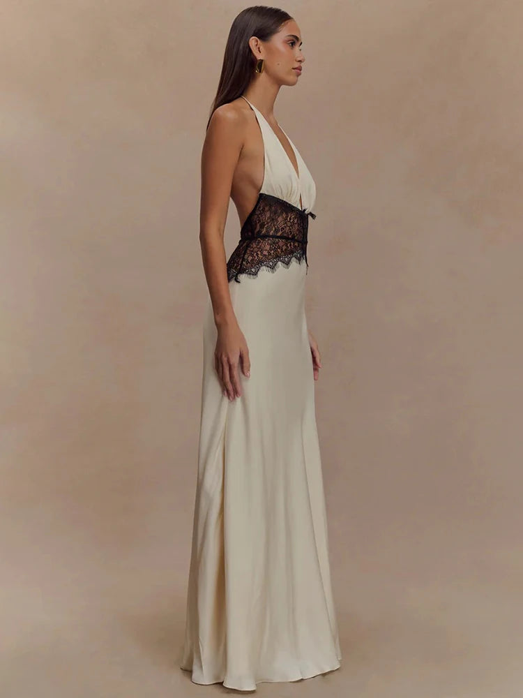Summer Sexy Maxi Dress Women's Backless Lace Halter Deep V Neck Sleeveless High Waist Elegant Long Gown Floor-Length Polyester