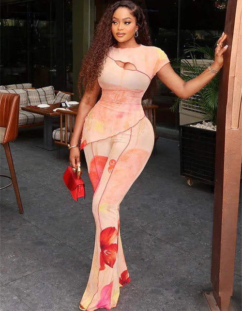 Load image into Gallery viewer, Floral Print 2-Piece Set for Women O-Neck Irregular Hem Top with Flare Pants High Stretch Polyester Elastic Waist Casual Suit
