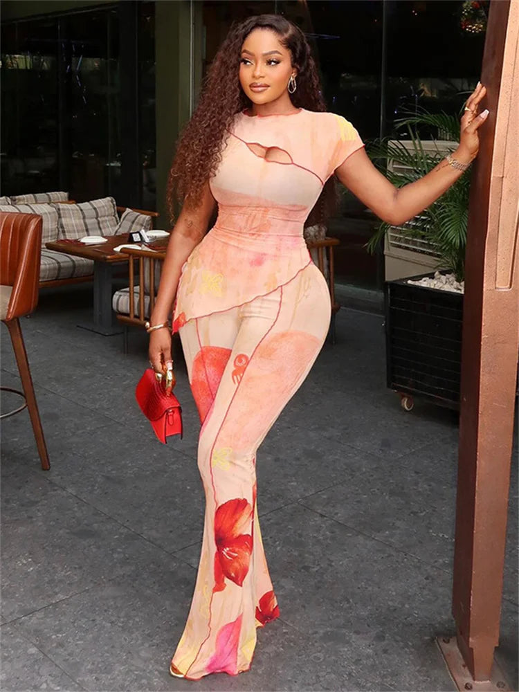 Floral Print 2-Piece Set for Women O-Neck Irregular Hem Top with Flare Pants High Stretch Polyester Elastic Waist Casual Suit