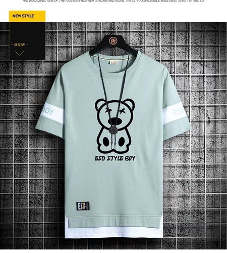 Men's Oversize T-Shirt Short Sleeve Korean Style Streetwear Harajuku Print Casual O-Neck Polyester Top for Spring And Summer
