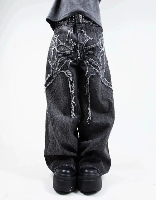 Load image into Gallery viewer, Men's Gothic Retro Baggy Y2K Phantom Jeans High Street Spider Embroidered Patch
