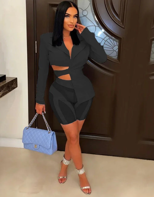 Load image into Gallery viewer, Two Piece Club Outfits Women Sexy Asymmetric Blazer and Mesh Shorts Leggings Matching Sets
