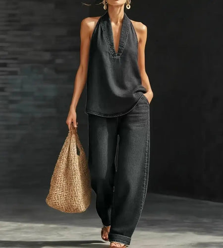 Women's Two Piece Denim Washed Vintage out fit, halter top and loose fitting jeans