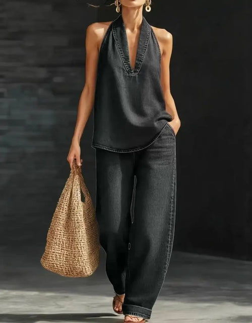 Load image into Gallery viewer, Women's Two Piece Denim Washed Vintage out fit, halter top and loose fitting jeans
