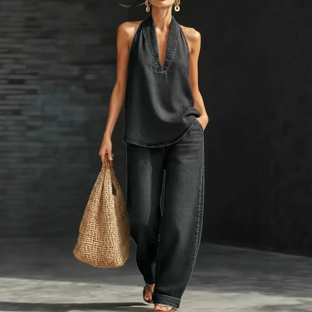 Women's Two Piece Denim Washed Vintage out fit, halter top and loose fitting jeans