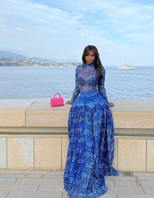 Load image into Gallery viewer, Royal Blue Dress for Women Mid-turtleneck High Waist Transparent Light Long Dress with Sleeves Pleated Maxi Dress

