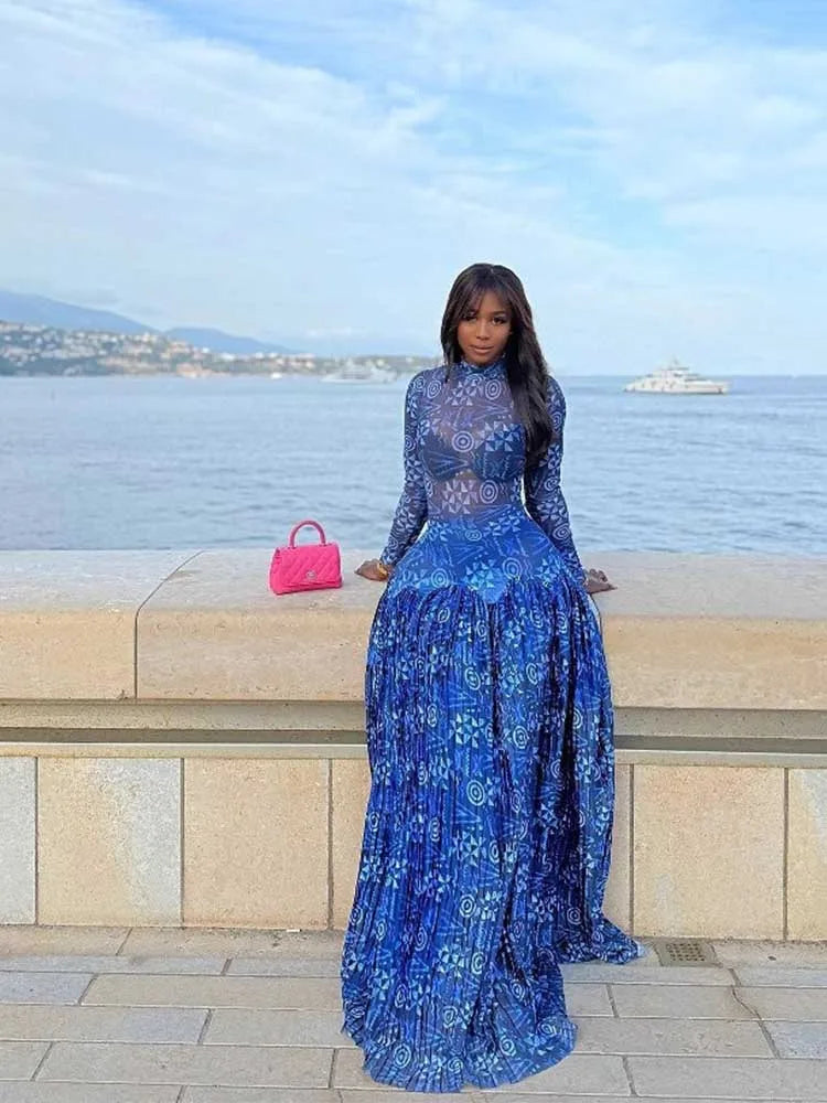 Royal Blue Dress for Women Mid-turtleneck High Waist Transparent Light Long Dress with Sleeves Pleated Maxi Dress
