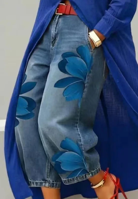 2026 Streetwear Women's Floral Print High Waist Jeans Loose Fit Cropped Wide Leg Denim Pants Casual Trendy Plus Size Trousers