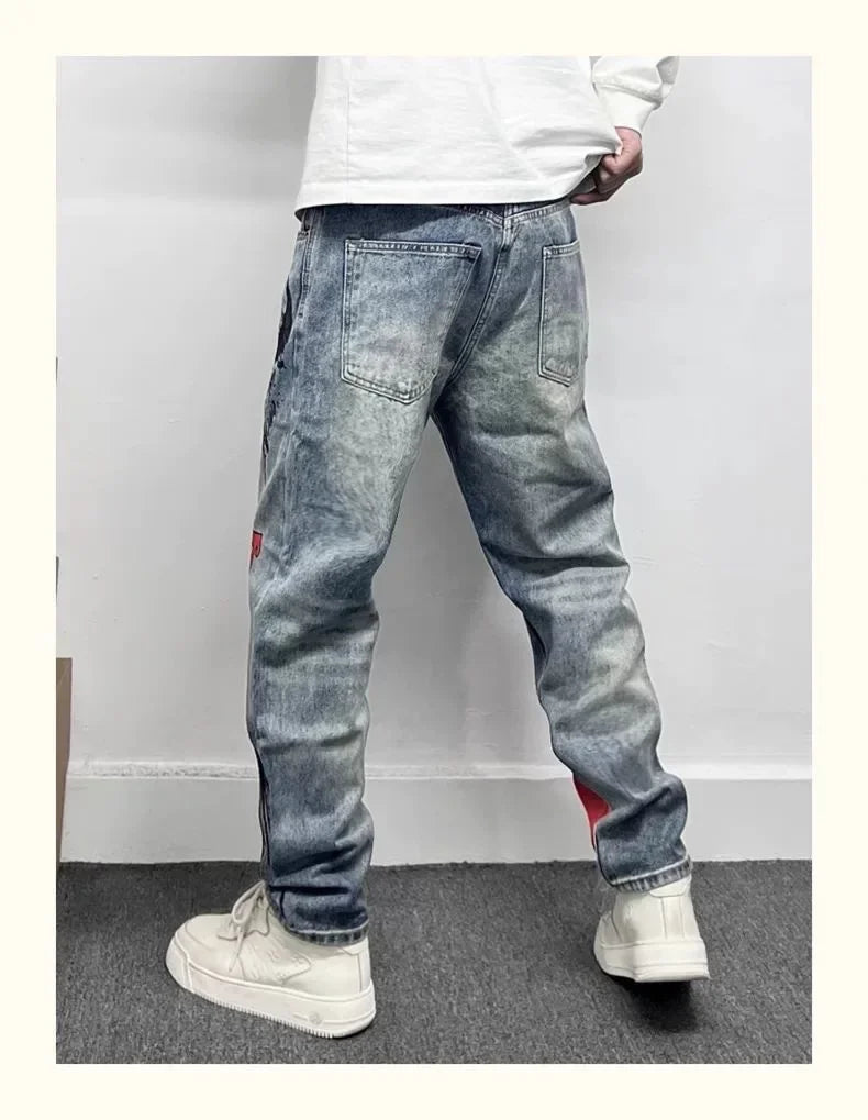 Men's Retro American Street Hip Hop Flame Skull Print Jeans