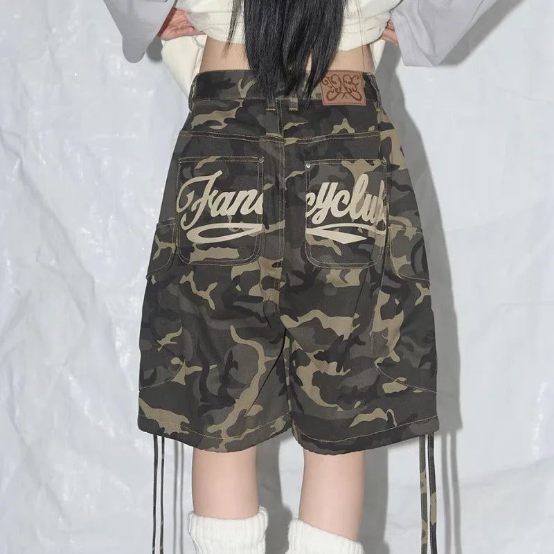 Women Camo Cargo Letter Print Baggy Shorts with Pockets 2026