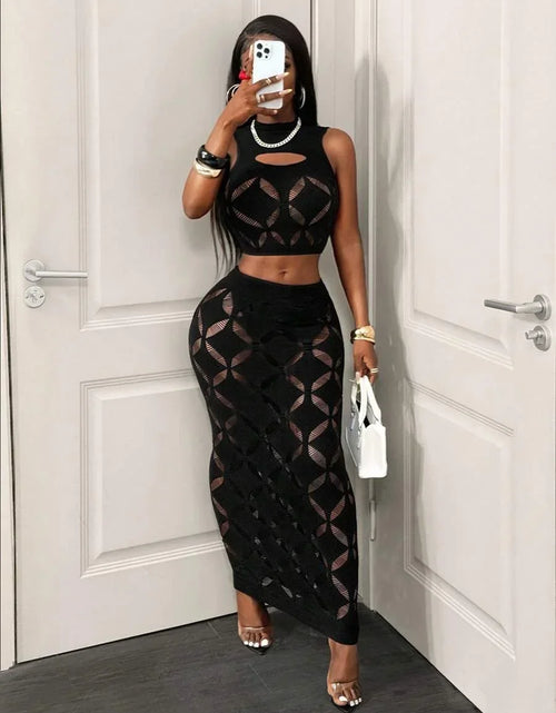 Load image into Gallery viewer, Women's Sexy Two Piece Set See Through Mesh Hollow Out Crop Tank &amp; High Waist Bodycon Mini Skirt Stretchy Clubwear
