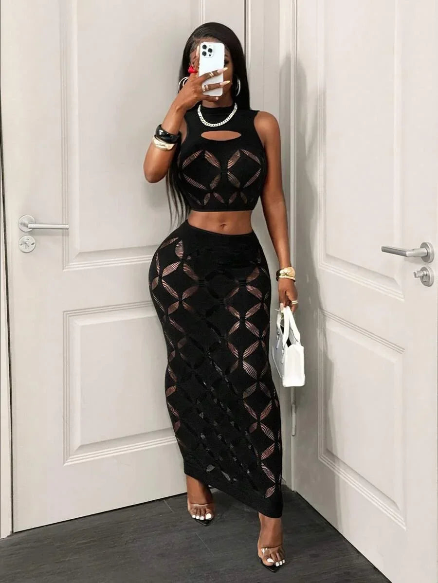 Women's Sexy Two Piece Set See Through Mesh Hollow Out Crop Tank & High Waist Bodycon Mini Skirt Stretchy Clubwear