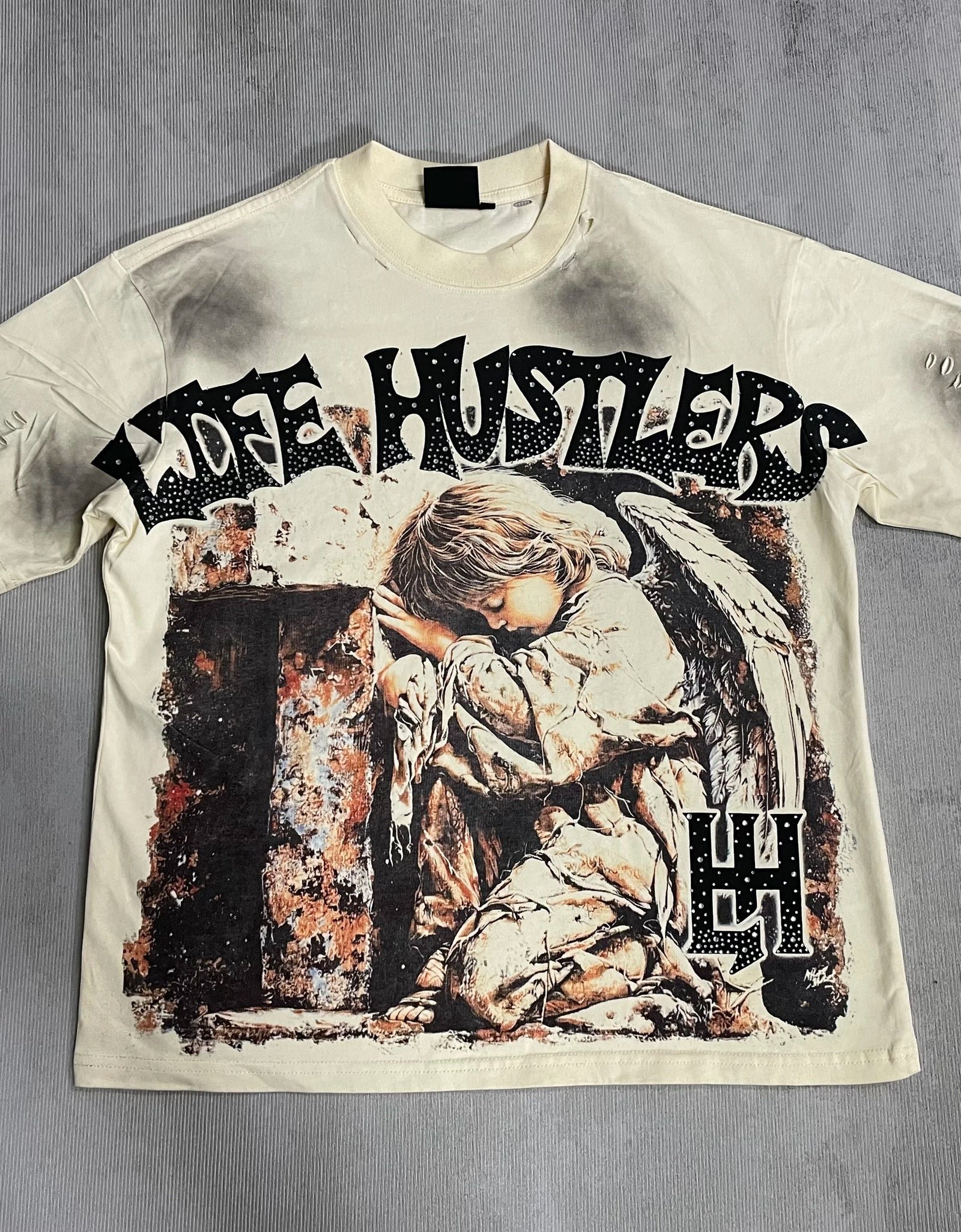 Men's LIFE HUSTLERS Y2K hot stamping hole  T-shirt Streetwear 100% Cotton Loose Fit
