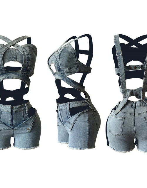 Load image into Gallery viewer, Women's Sexy Denim Halter Neck Crop Tops and Ripped Out Shorts Jeans
