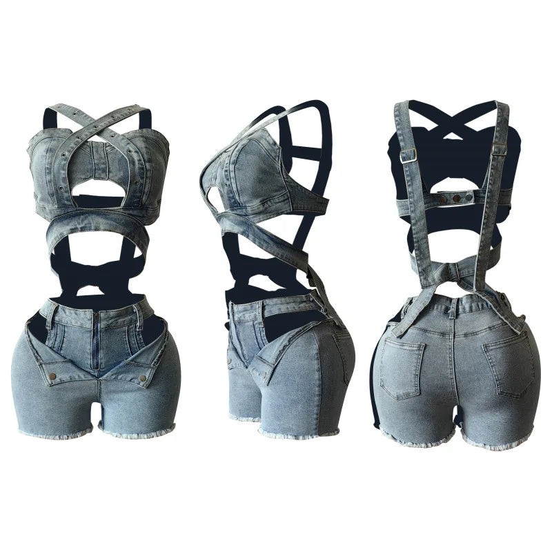 Women's Sexy Denim Halter Neck Crop Tops and Ripped Out Shorts Jeans