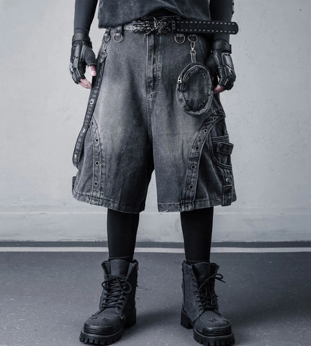 2026 Summer Washed Vintage Punk Jean Shorts With Small Pouch Style Metal Eyelets Spliced Denim Shorts