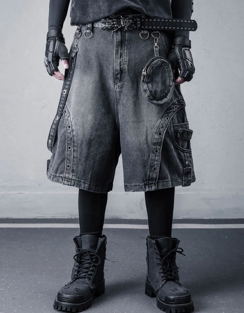 Load image into Gallery viewer, 2026 Summer Washed Vintage Punk Jean Shorts With Small Pouch Style Metal Eyelets Spliced Denim Shorts
