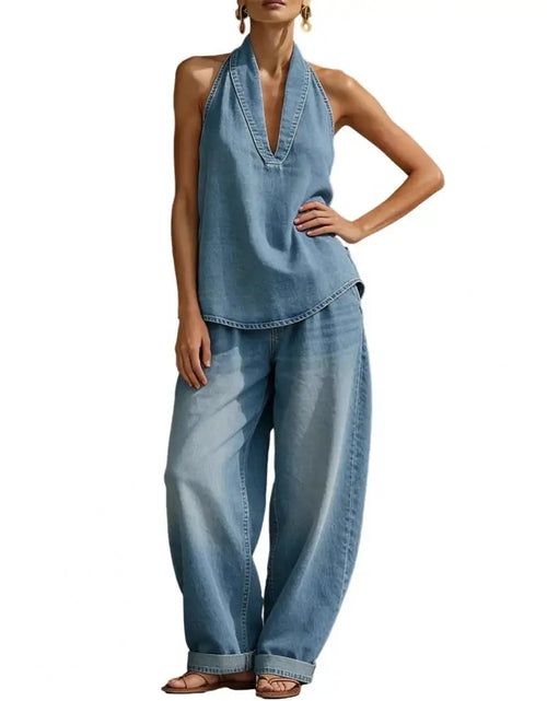 Load image into Gallery viewer, Women's Two Piece Denim Washed Vintage out fit, halter top and loose fitting jeans

