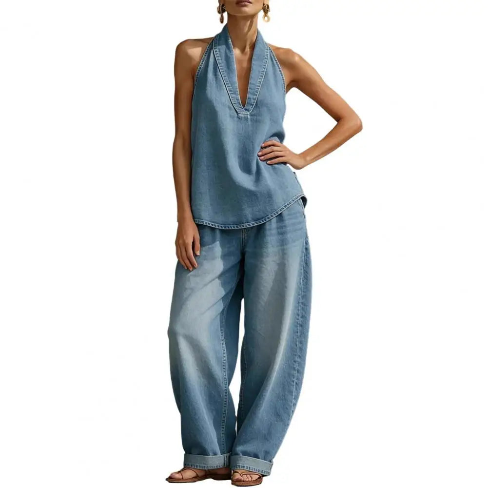 Women's Two Piece Denim Washed Vintage out fit, halter top and loose fitting jeans