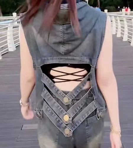 Women's style backless fashion simple jean vest  lightweight